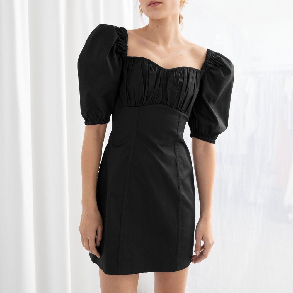 & Other Stories Puff Sleeve Black Mini Dress Size US 4 Sweetheart Neckline